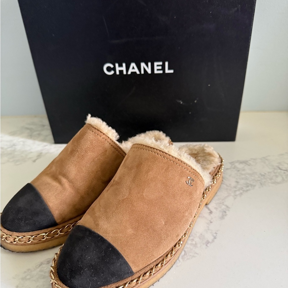 Chanel 2018 Interlocking CC Logo Sherling Mules Women's 36.5 6.5 Brown Black - Picture 5 of 16